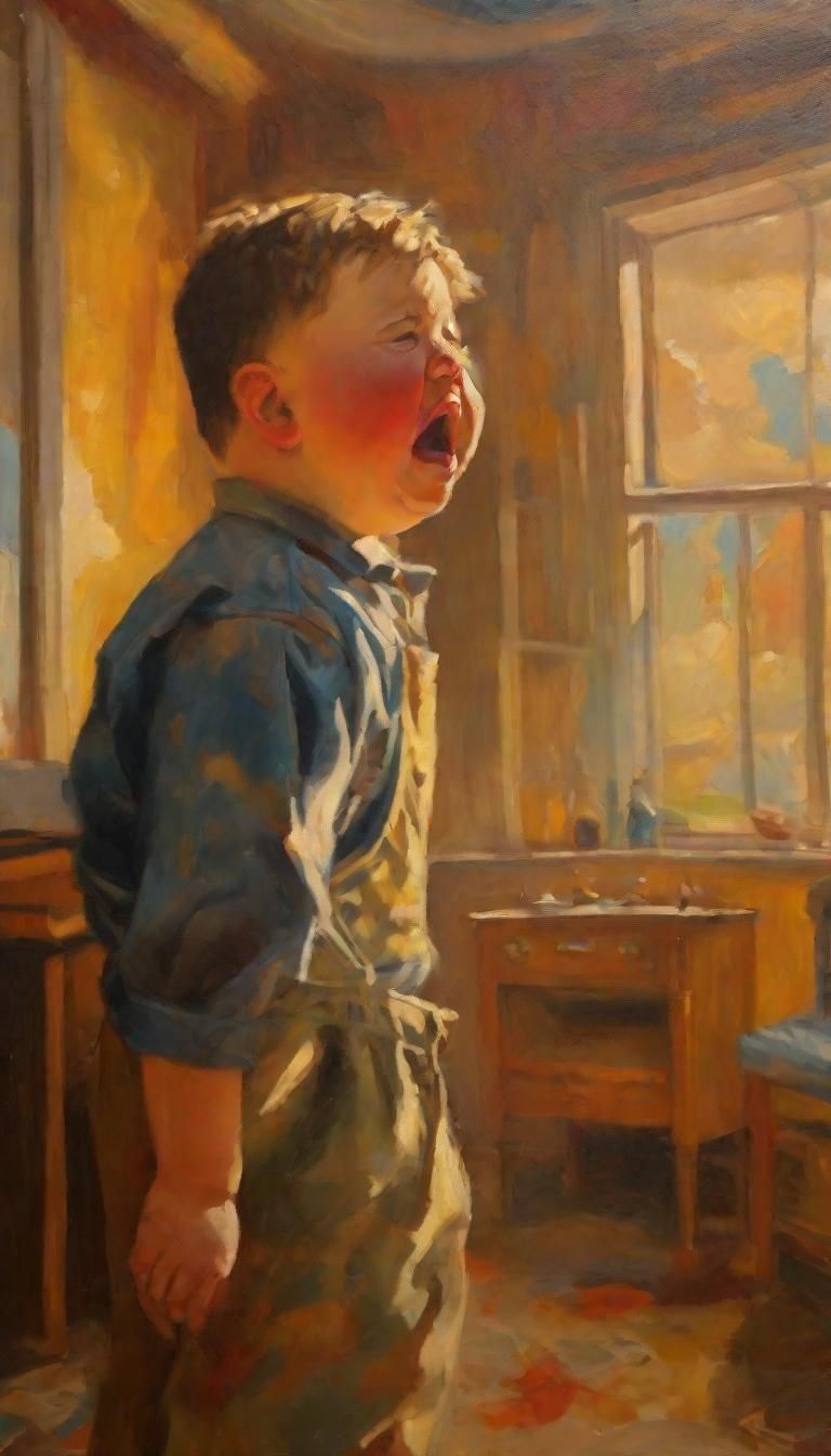 Chubby Boy Screaming in Vintage Oil Painting