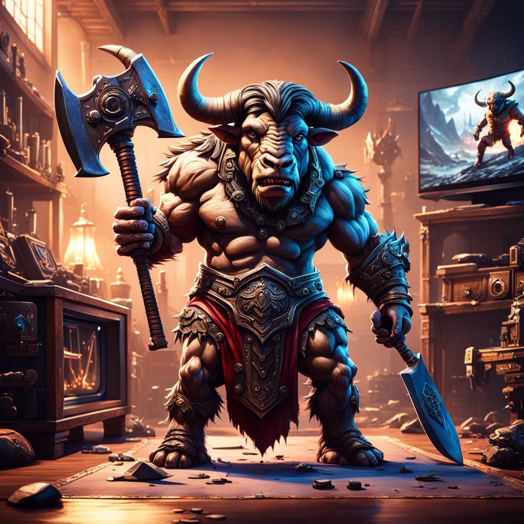 Baby Minotaur with Axe on Couch: Fantasy Art