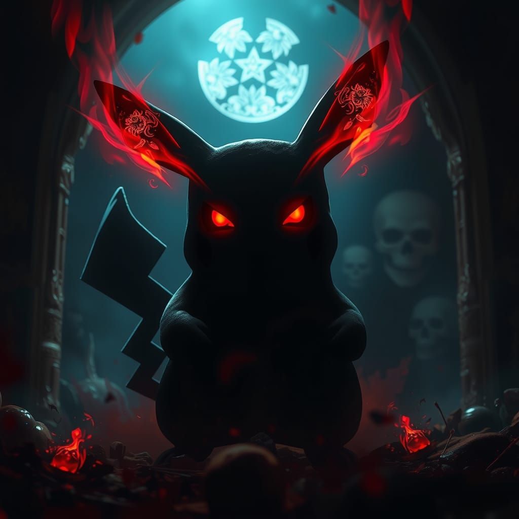 Sinister Pikachu Silhouette in Dark Fantasy Chamber
