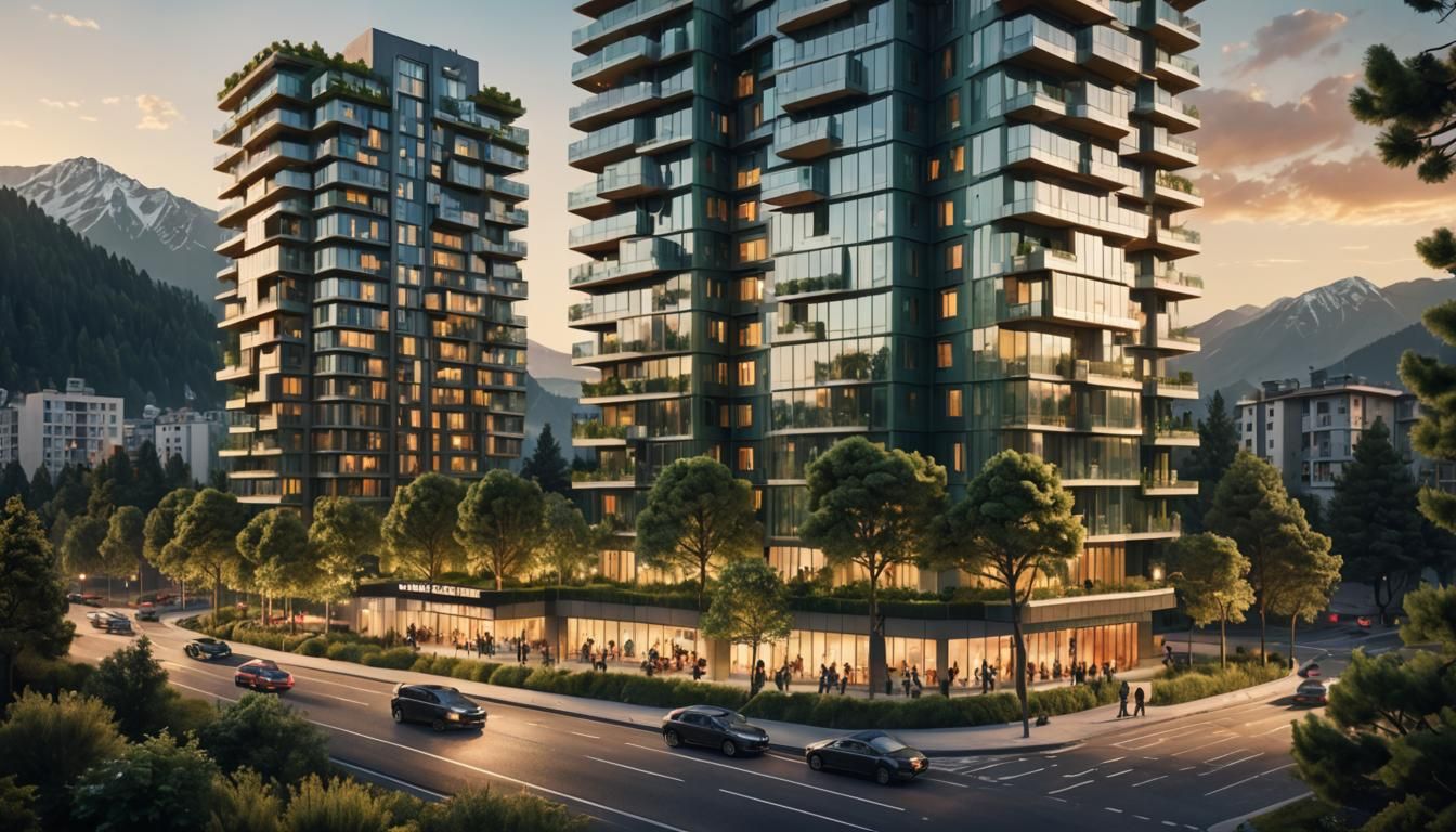 Iconic Twin High-Rise in Matte Painting Style