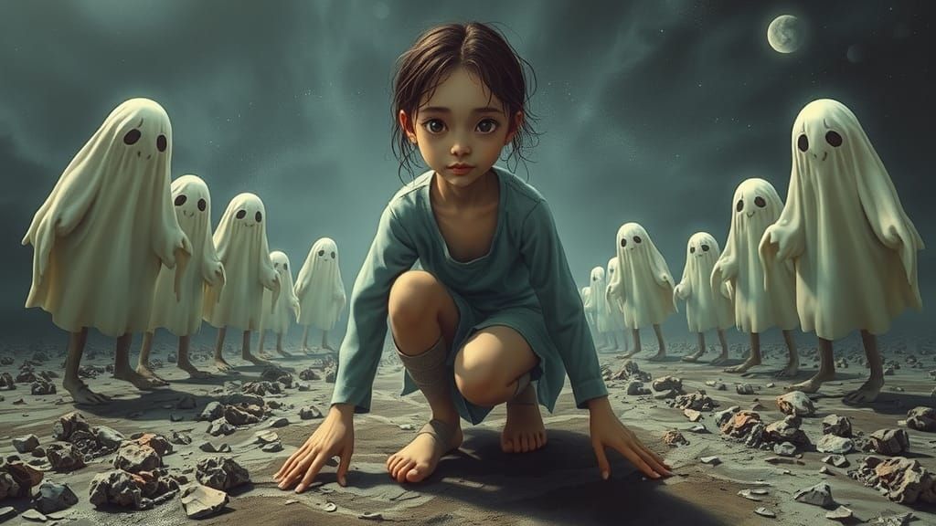 Ghibli-Inspired Girl in Surrealist Starry Night