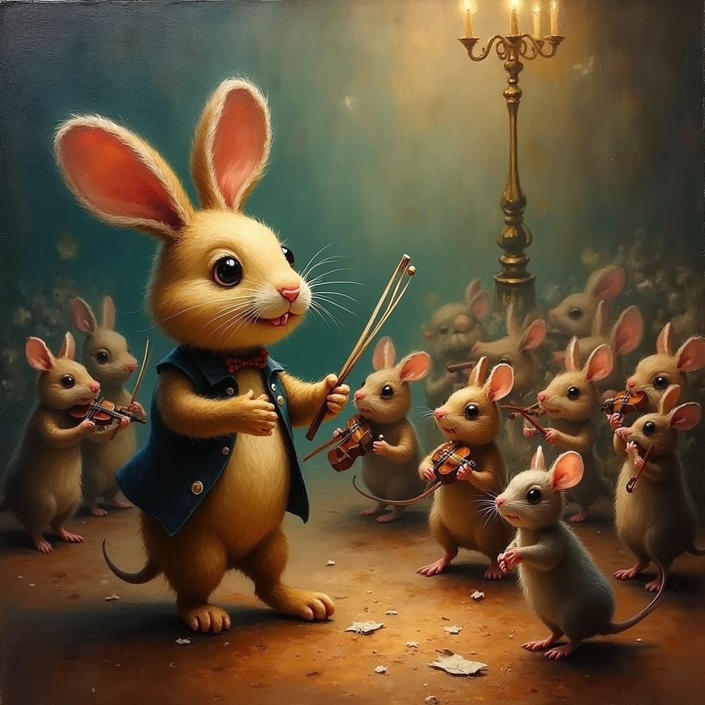 Whimsical Rabbit Conducts Chaotic Mouse Orchestra in Melting...