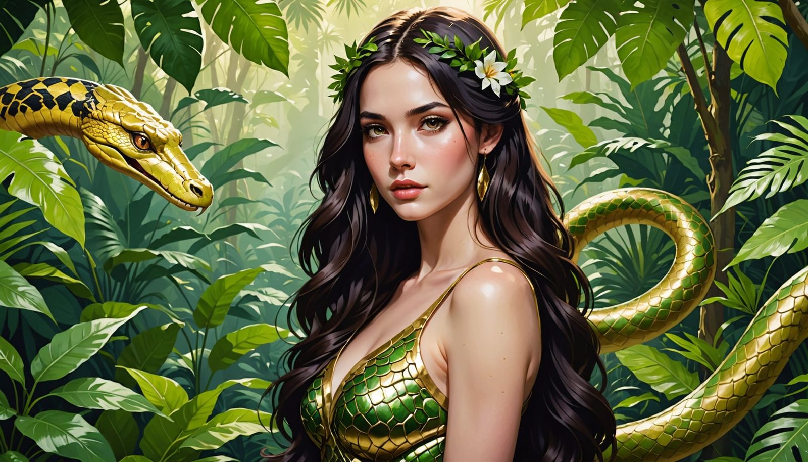 Mysterious Woman with Serpent in Jungle Garden