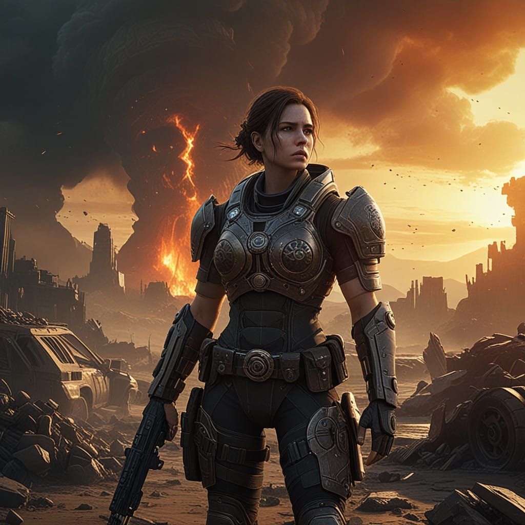 Battle-Scarred Warrior in Desolate Gears of War Landscape