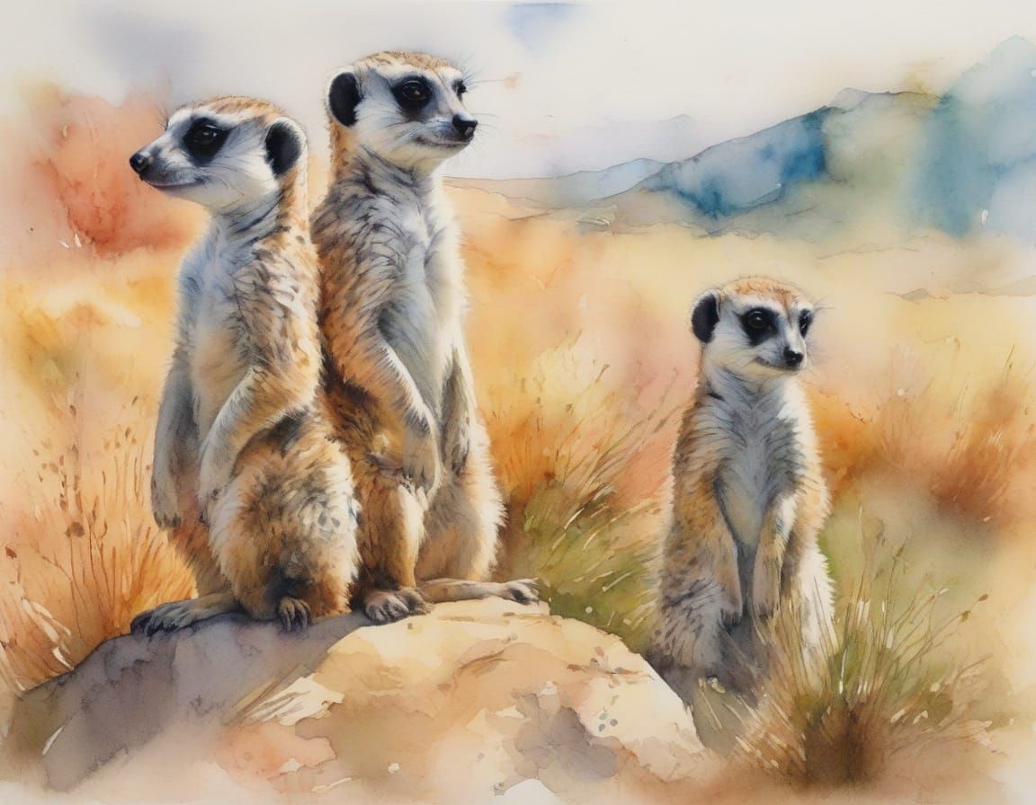 Surreal Meerkats Stand Watch in Sun-Drenched Savannah, Ink S...