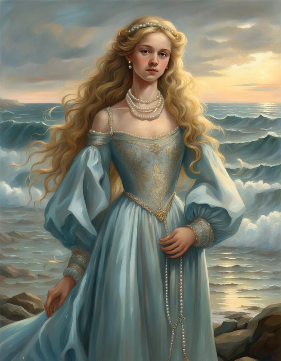 Renaissance Woman in Silver Gown by the Ocean