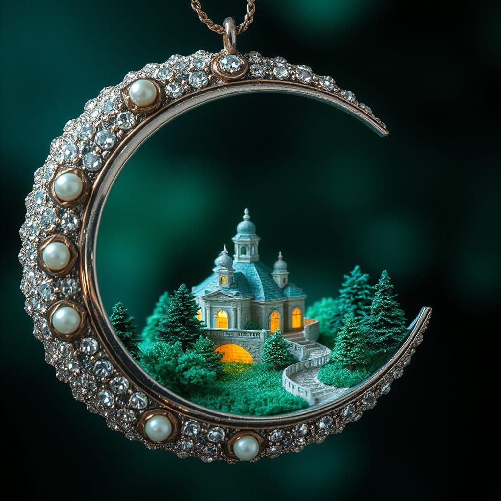 Ethereal Moon City Pendant with Pearls and Diamonds