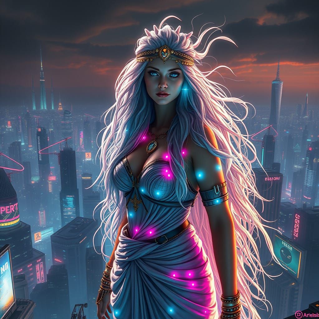 Cyberpunk Goddess Amidst Neon Metropolis