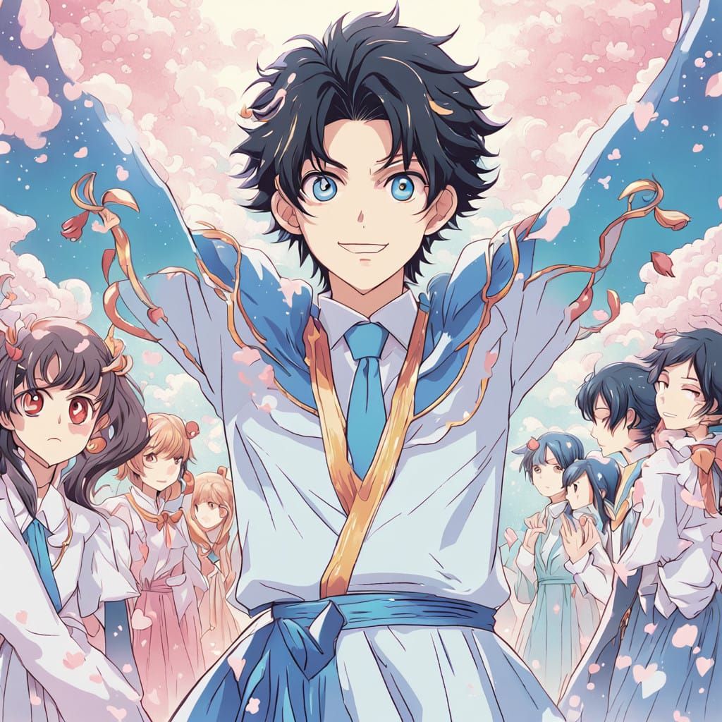 Confident Anime Boy Surrounded by Adoring Girls in Pastel-Hu...