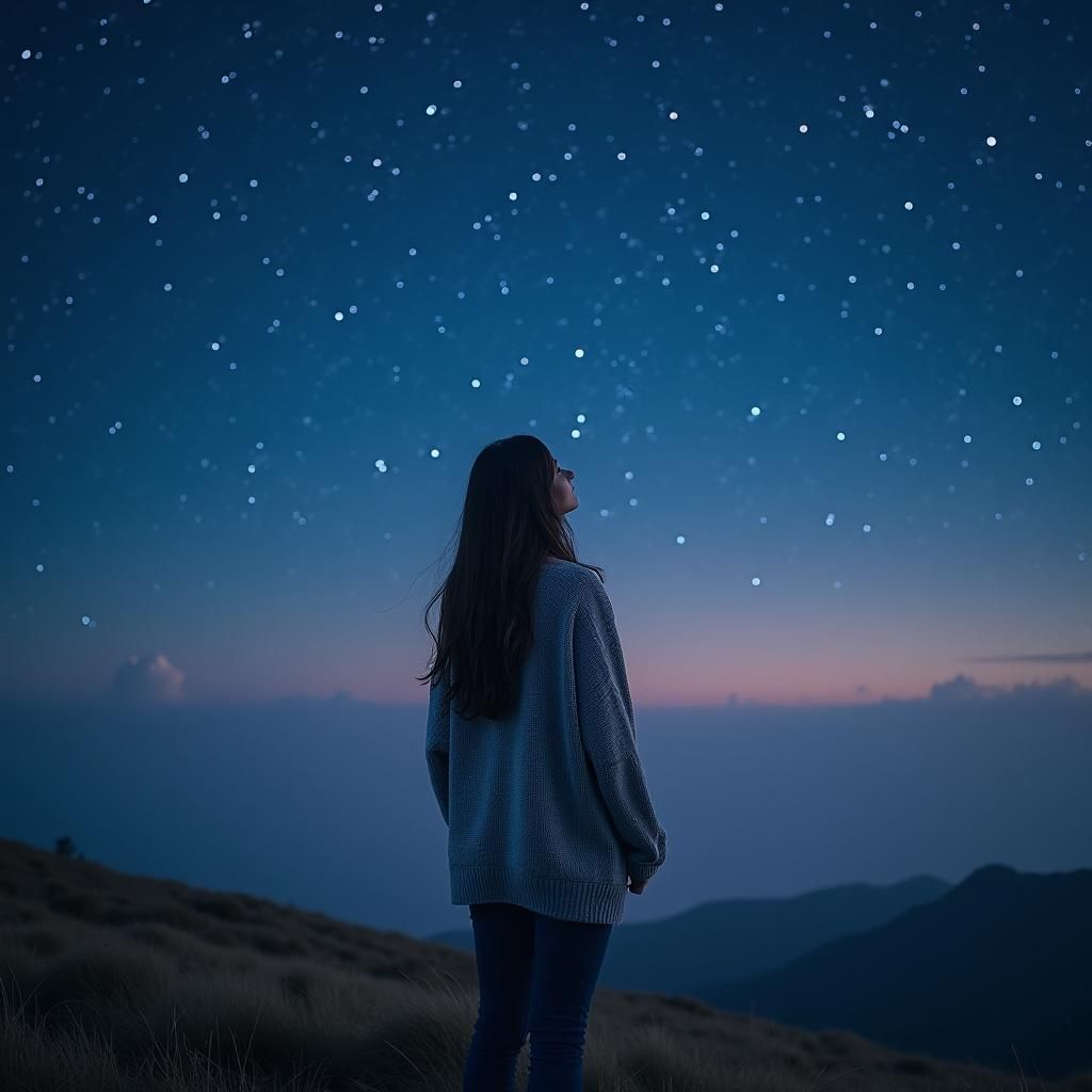 Woman Stargazer Under Dreamy Sky