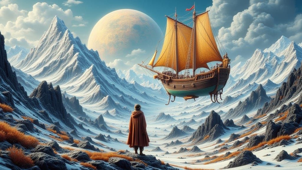 Floating Globe-Ship Over Snow Peaks in Folk Art