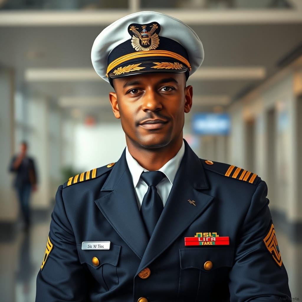 Confident American Airline Captain in Uniform, Blurred Airpo...