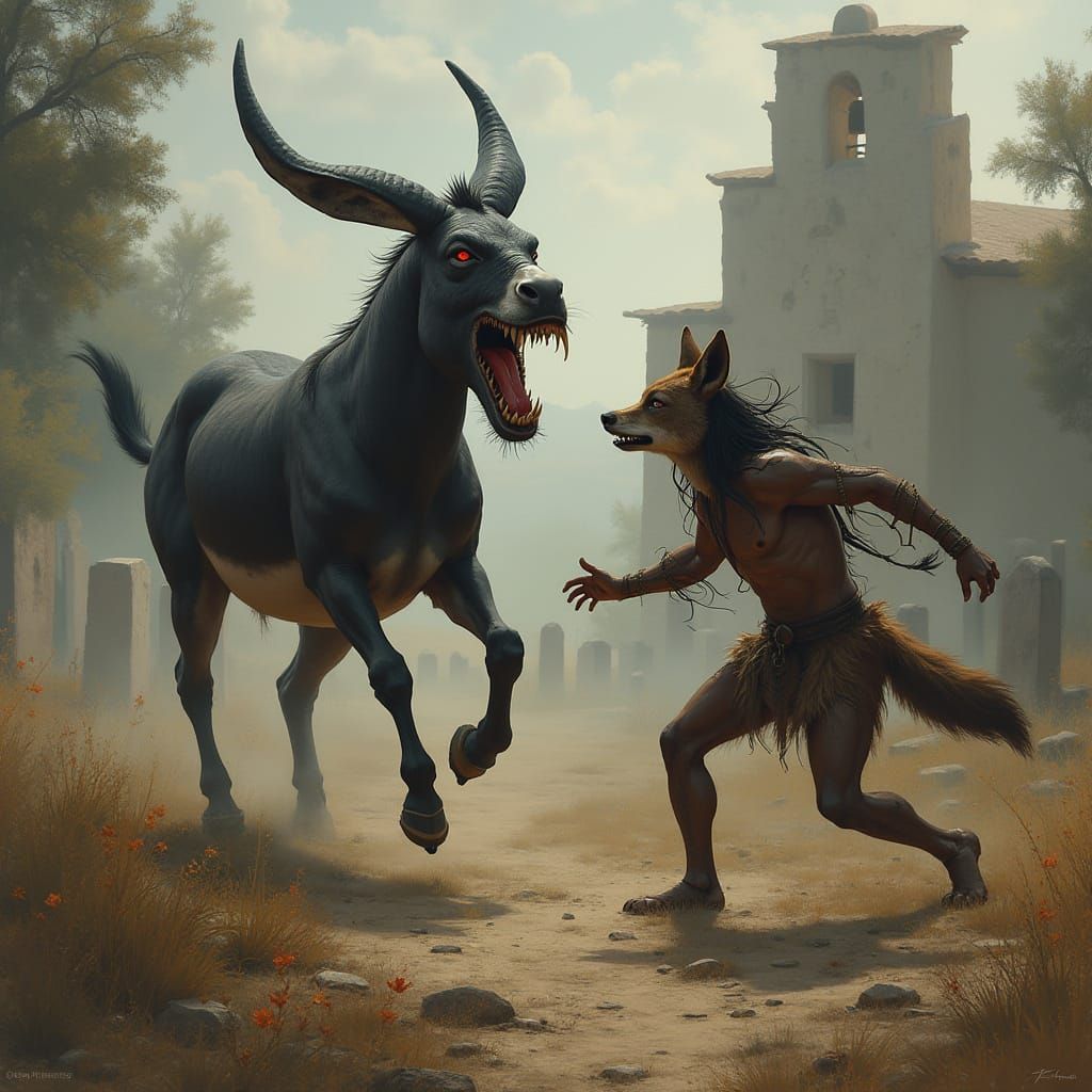 Demonic Donkey Chasing Coyote in Spanish Mission