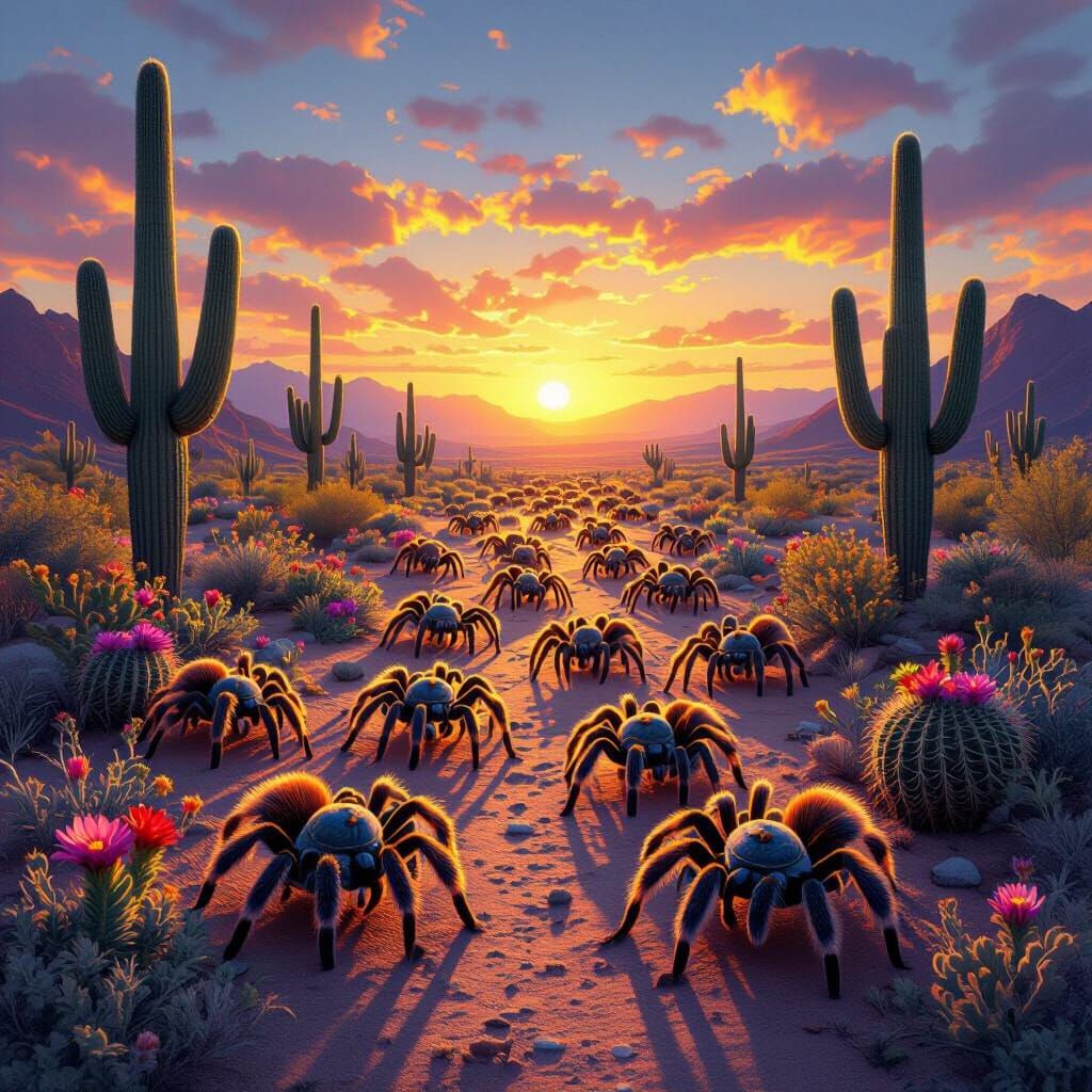 Tarantula Migration at Sunrise Desert Landscape