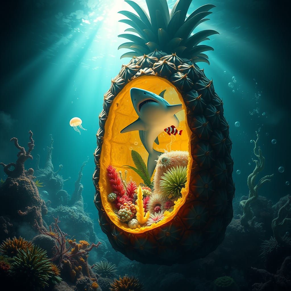Surreal Pineapple World with Majestic Shark and Underwater S...