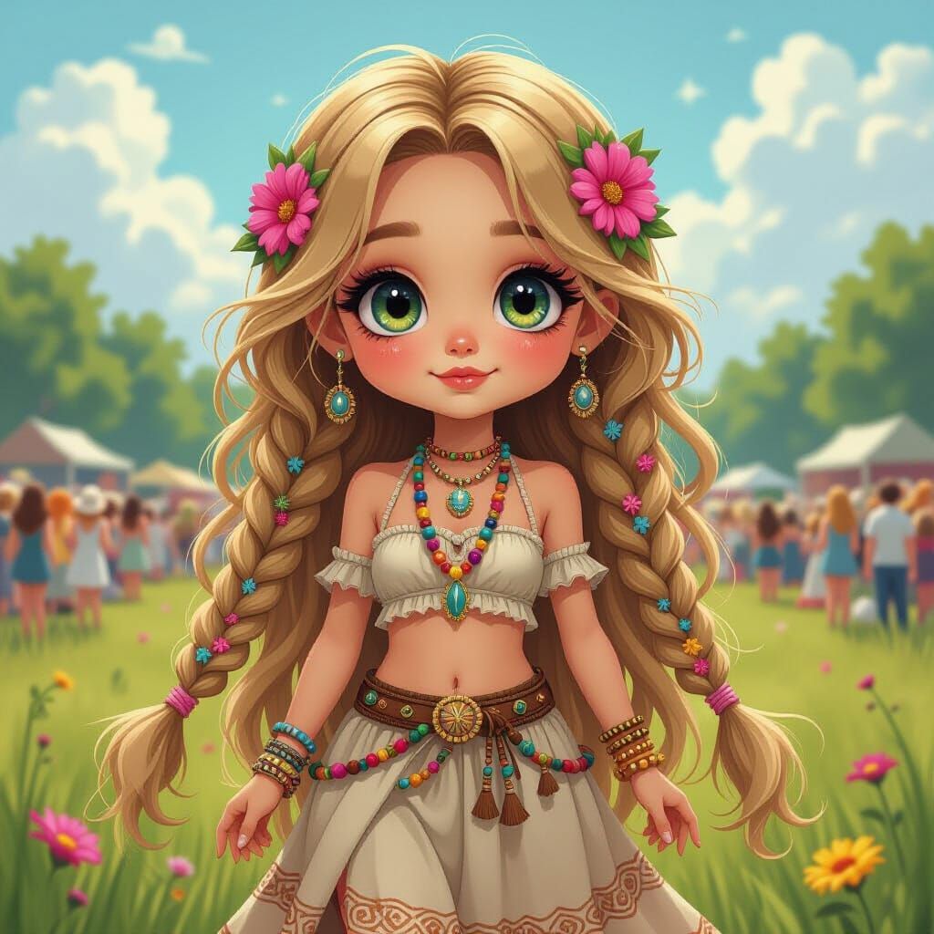 Chibi Hippie Girl at Woodstock, Oil Painting