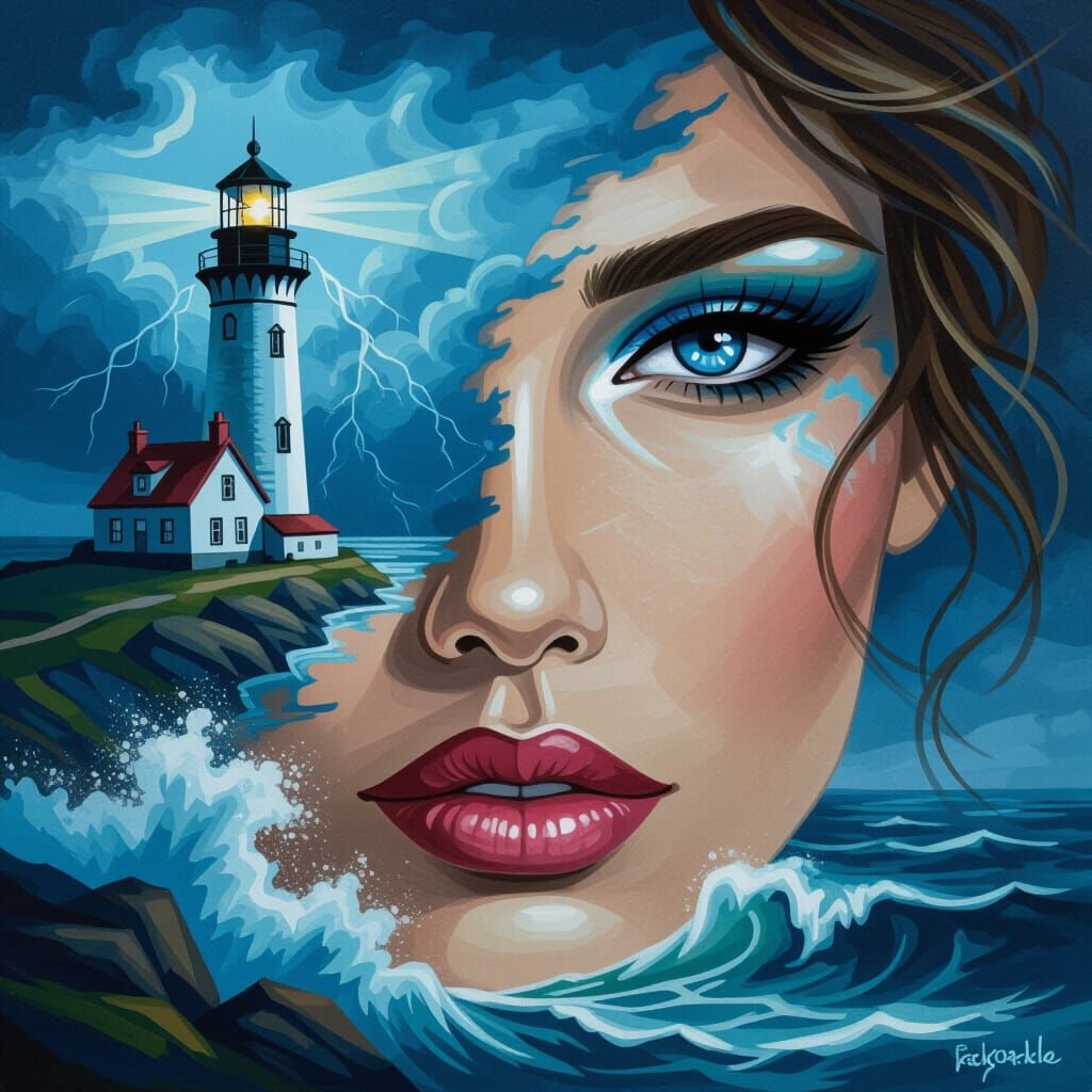 Fantasy Art: Woman's Face Merged with Stormy Coast