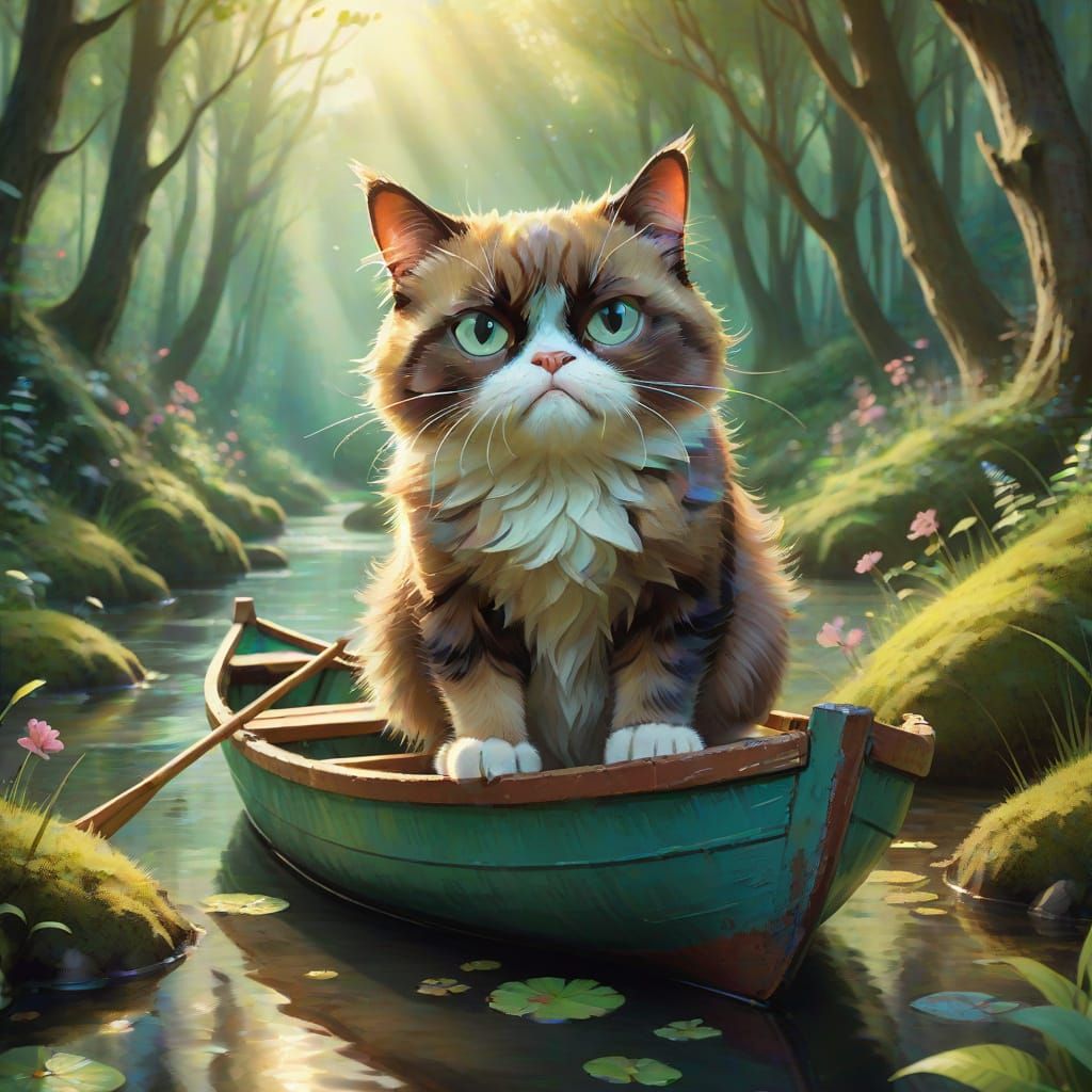Whimsical Fantasy Cat in a Forest Stream