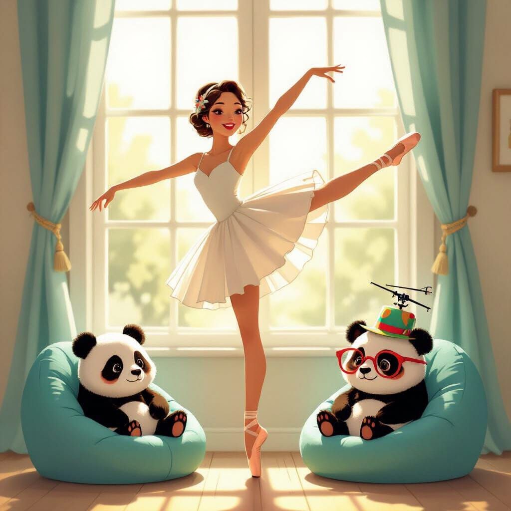 Ballerina and Pandas in Illustrative Style