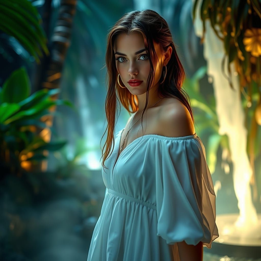 Woman in White Dress at Night Waterfall