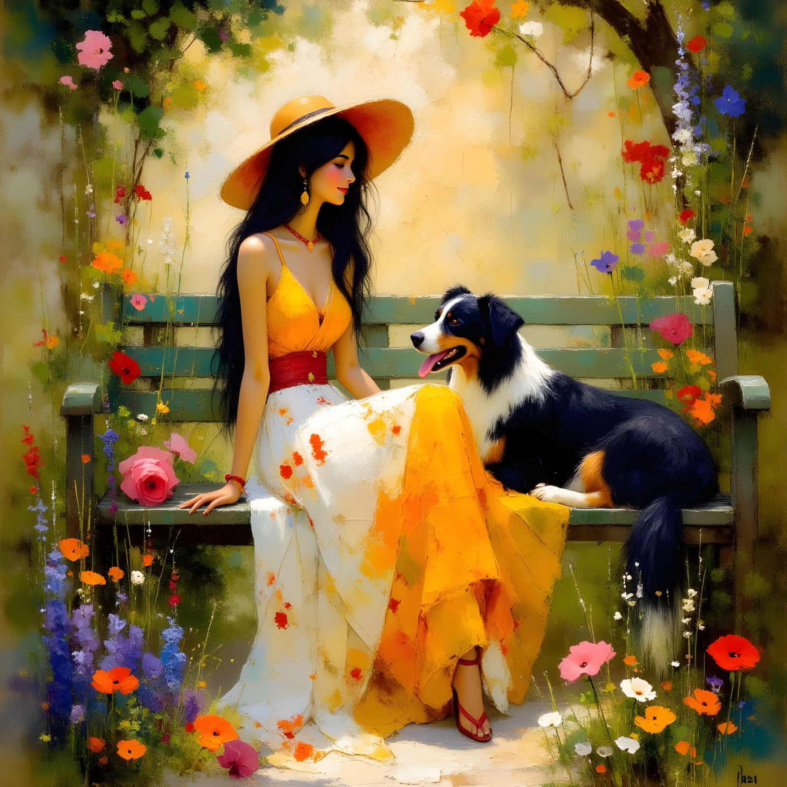 Asian Woman and Australian Shepherd on Park Bench