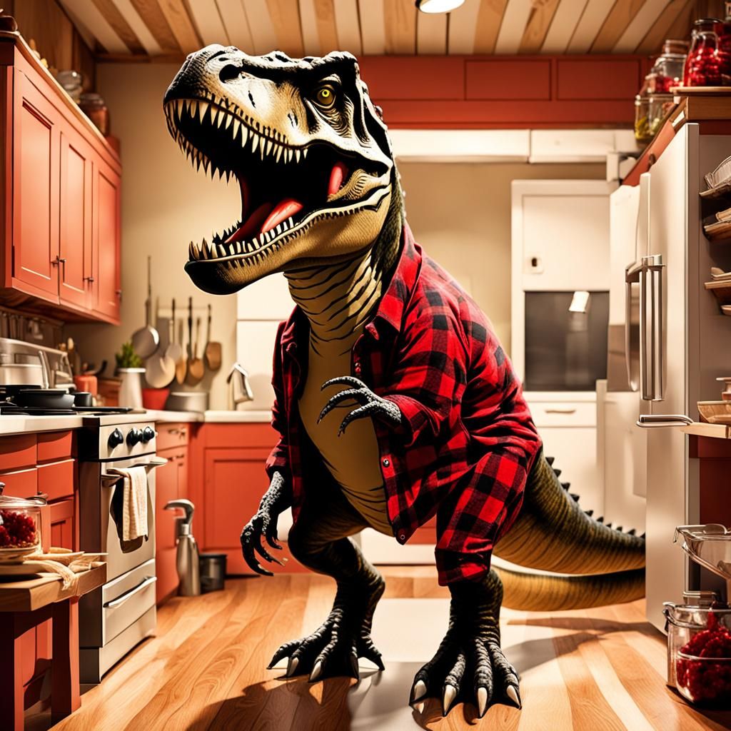 T-Rex in Flannel Shirt in Kitchen