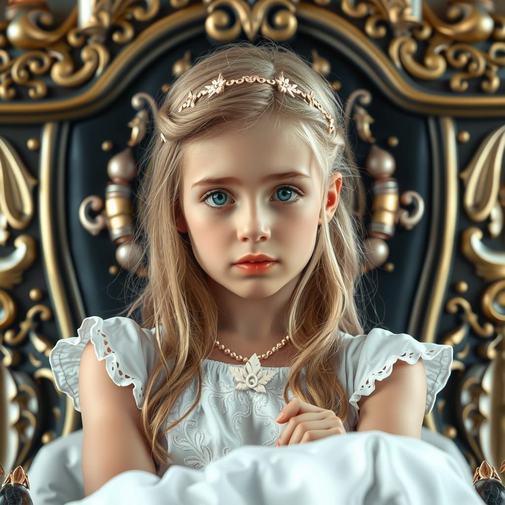 Blonde Woman with Blue Eyes on a Throne