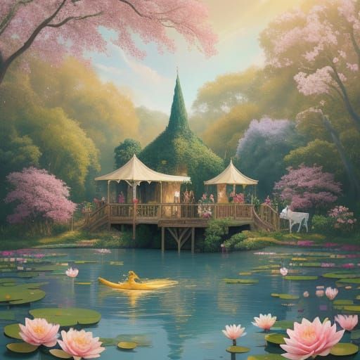 Elegant Ladies Gather in Whimsical Village Scene with Frolic...