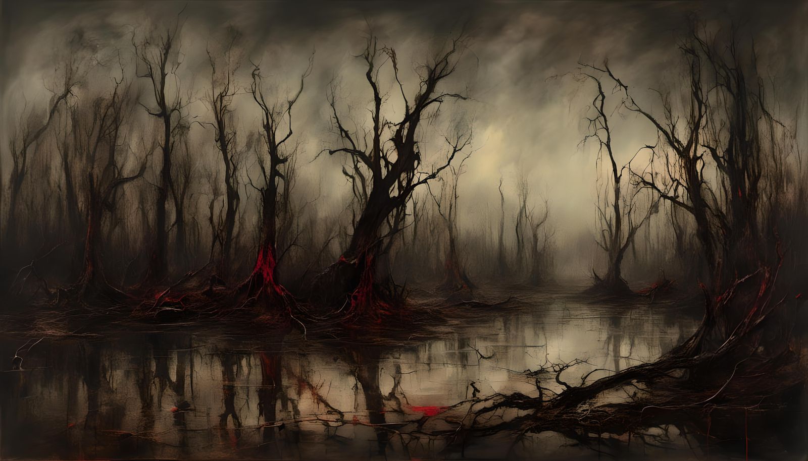 Macabre Swampy Night Forest in Surrealist Style