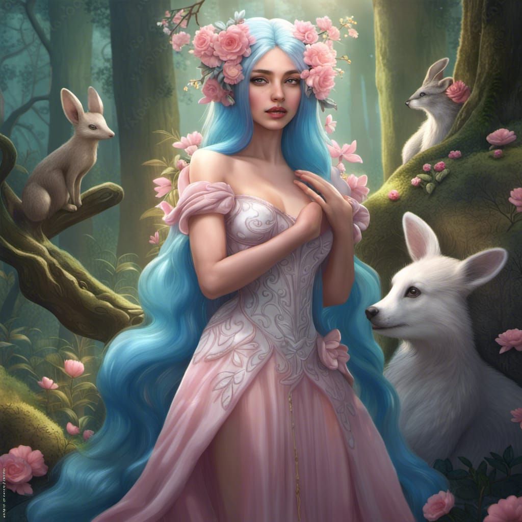 Fantasy Princess with Blue Hair in Forest