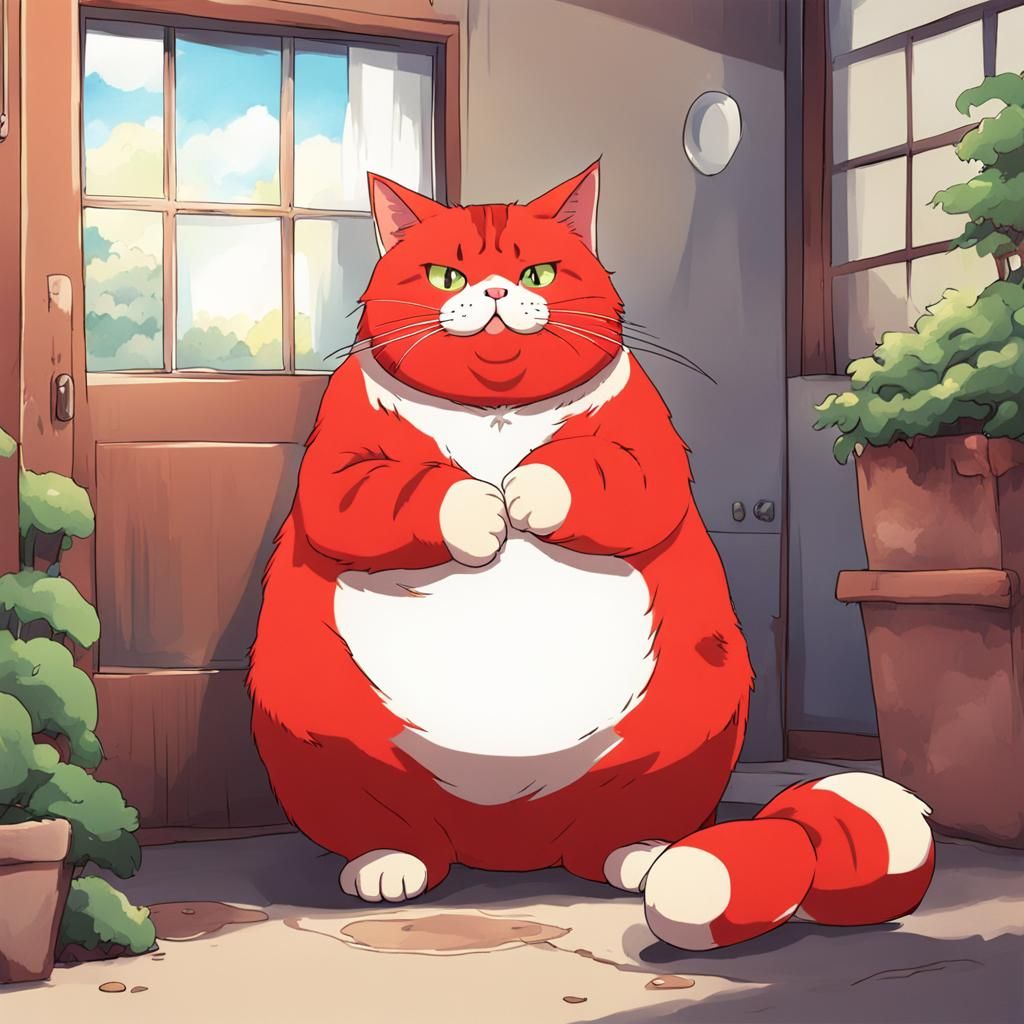 Red Cat Waiting: Anime-Style Digital Art