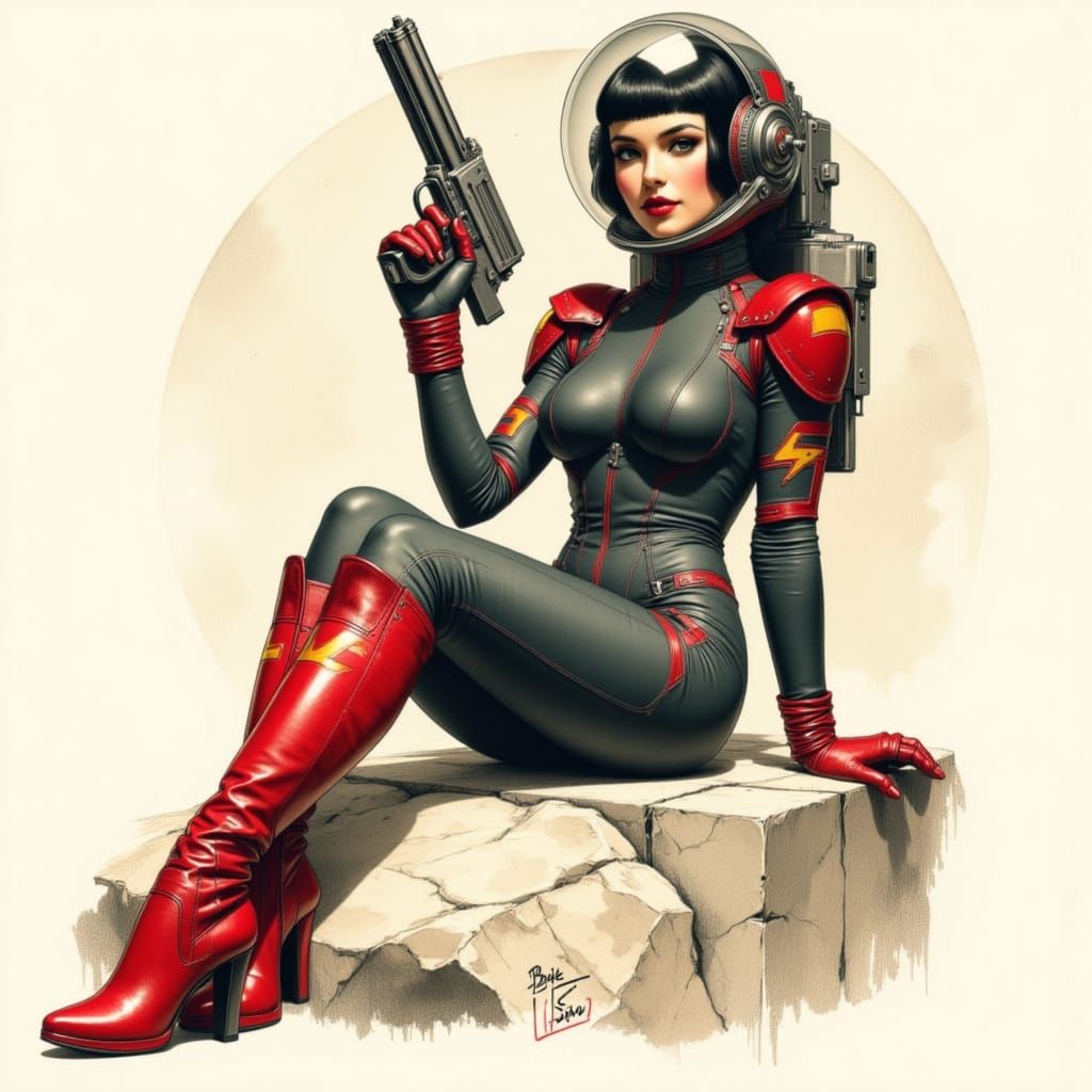 Retro Space Girl in Geo Nouveau Style