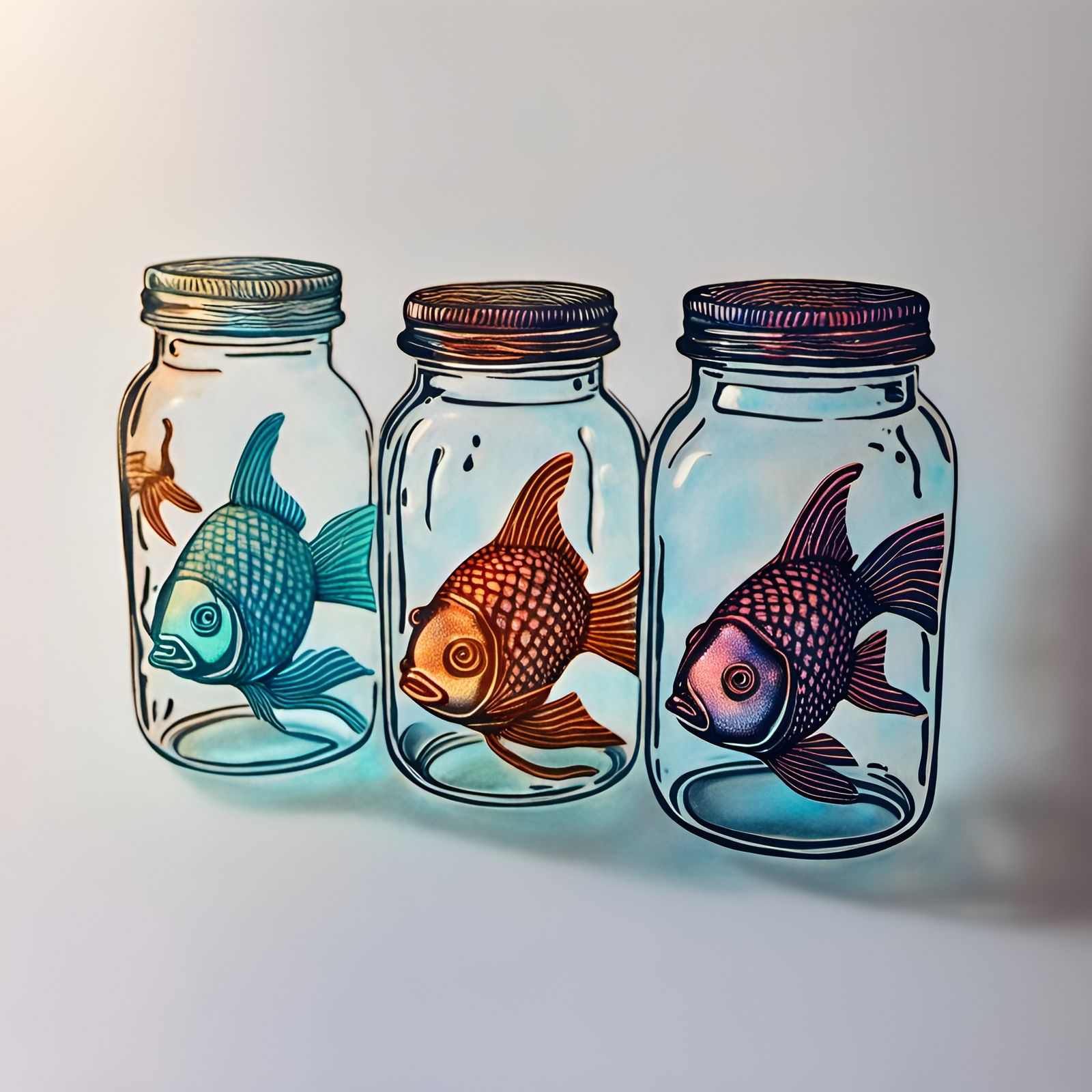 Holographic Gummy Fish in Linocut Style