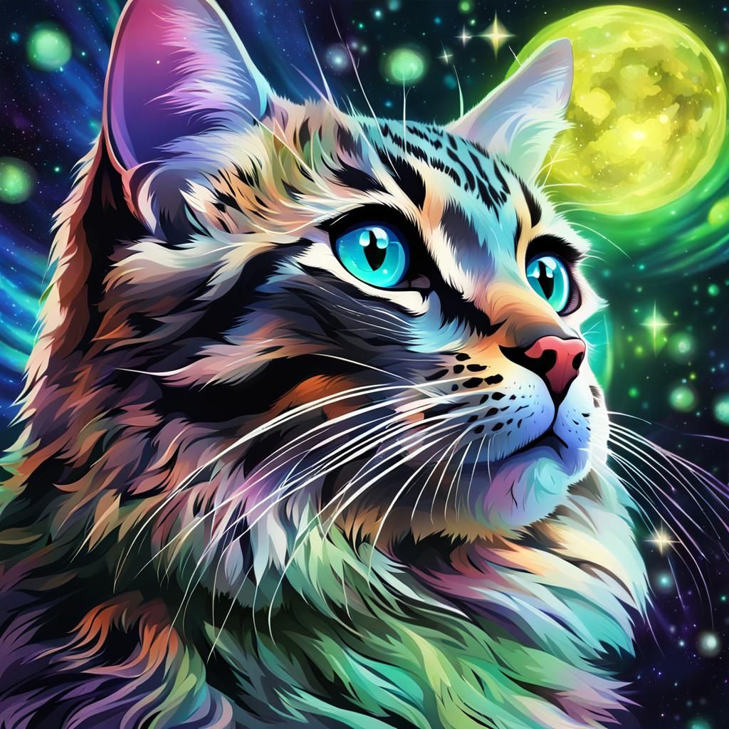Anime Bengal Cat with Northern Lights