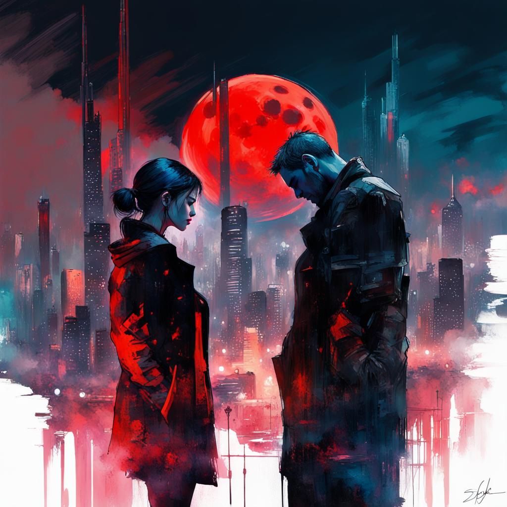Dystopian Cyberpunk Cityscape with Gothic Couple