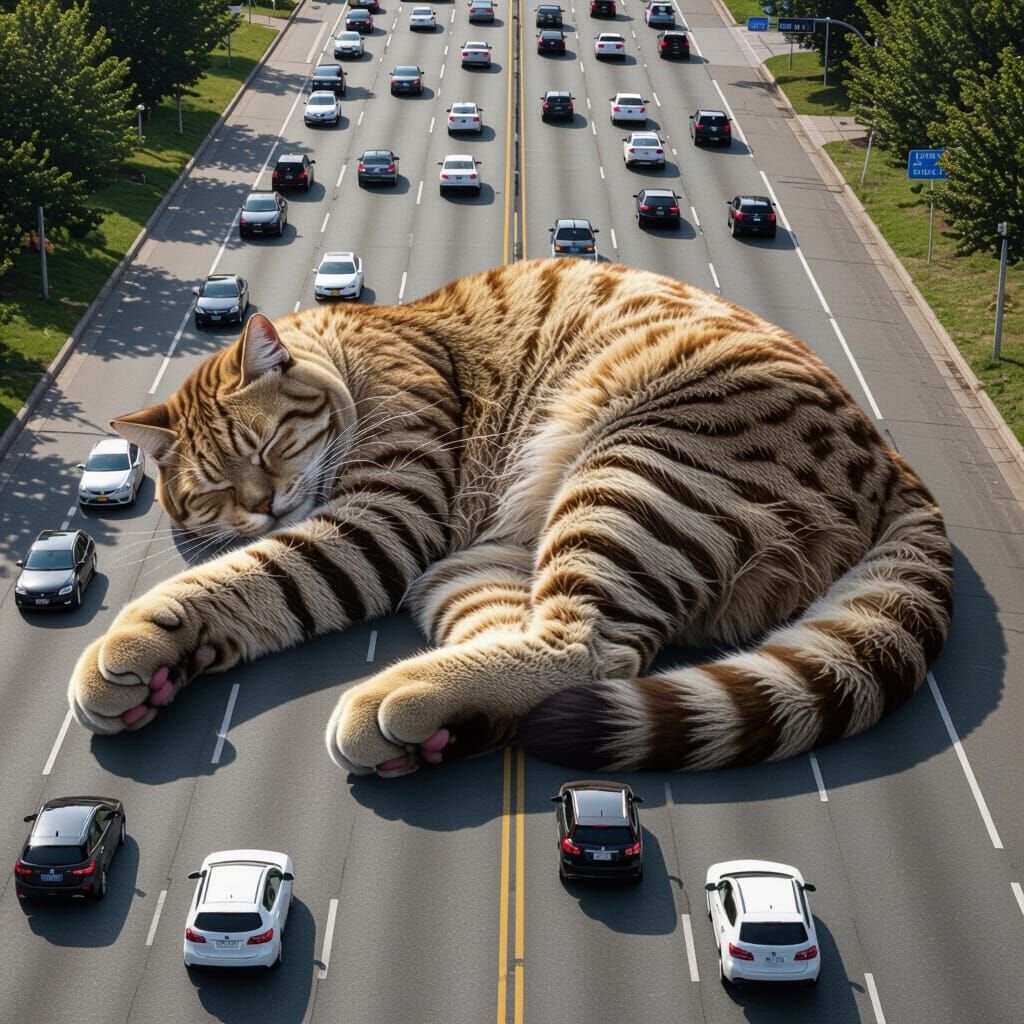 Colossal Cat Rests on Roadway, Cars Navigate Around