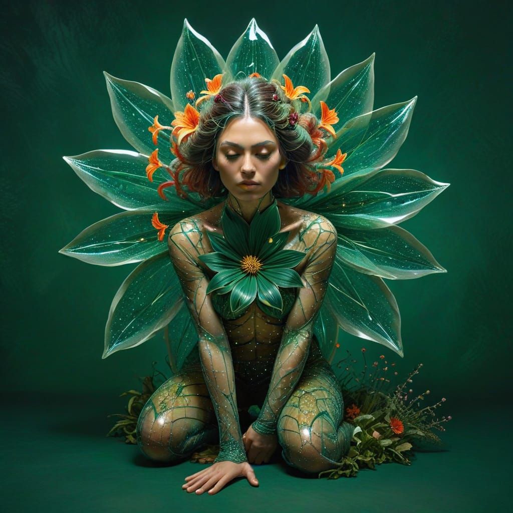 Surreal Woman With Star Hair Under Giant Flower