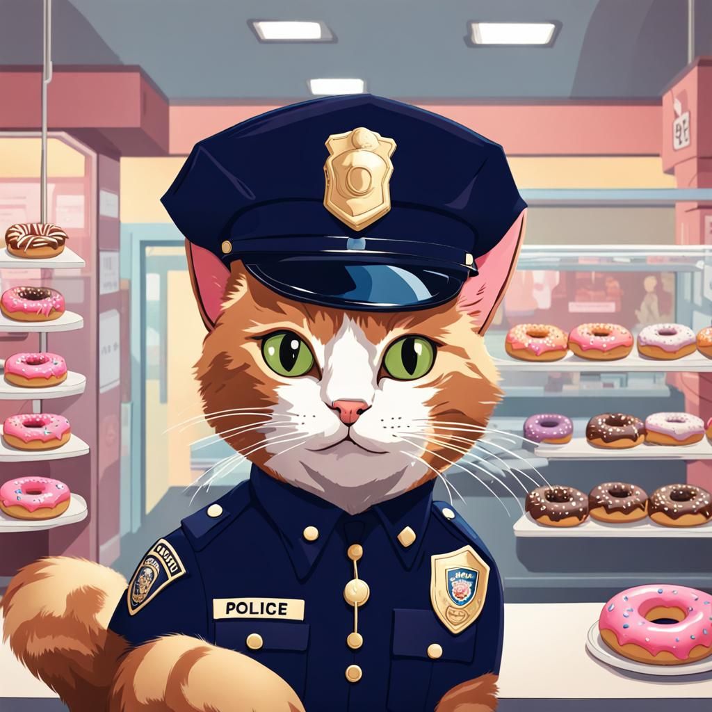 Cat Police Officer in Doughnut Shop