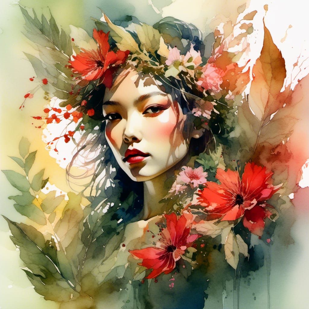 Red Flower Fairy in Watercolor Summerscape