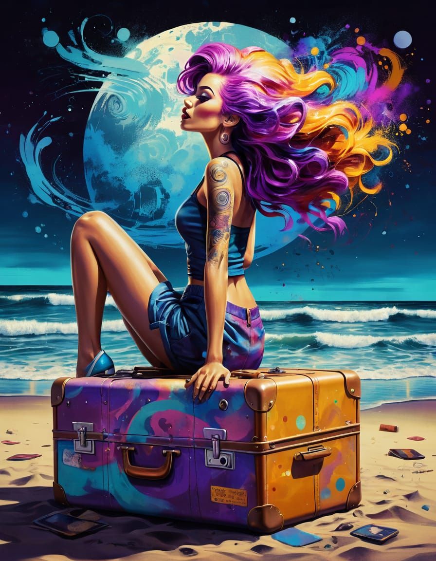 Pin-Up Woman Emerges on Moonlit Beach