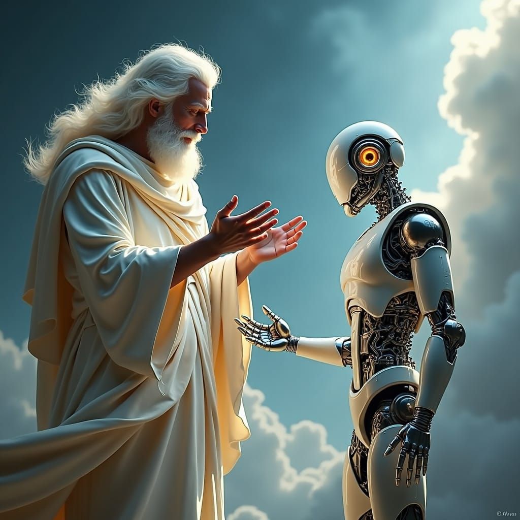 Adam and Robot Creation in Dark Fantasy Style