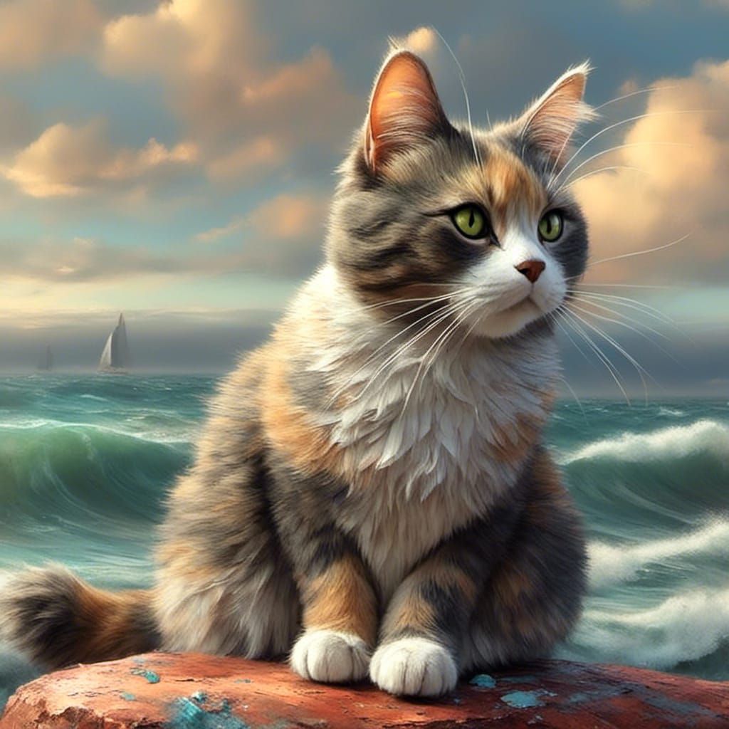 Pearl Cat Contemplates the Ocean: Digital Brushstrokes