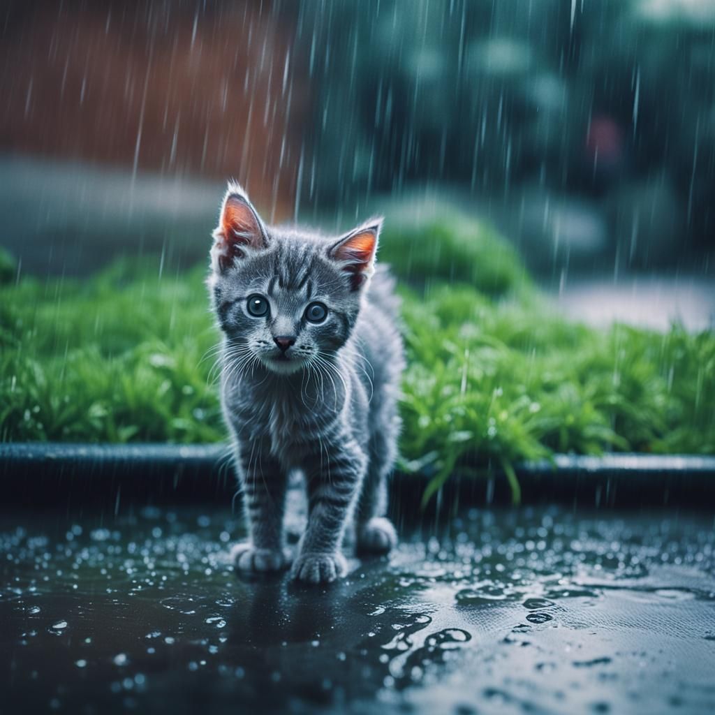 Gray Kitten in Rainy Gutter: Cinematic Film Still