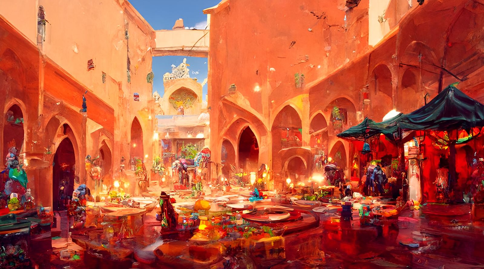 Moorish Courtyard with Mosaic Tiles, Digital Art