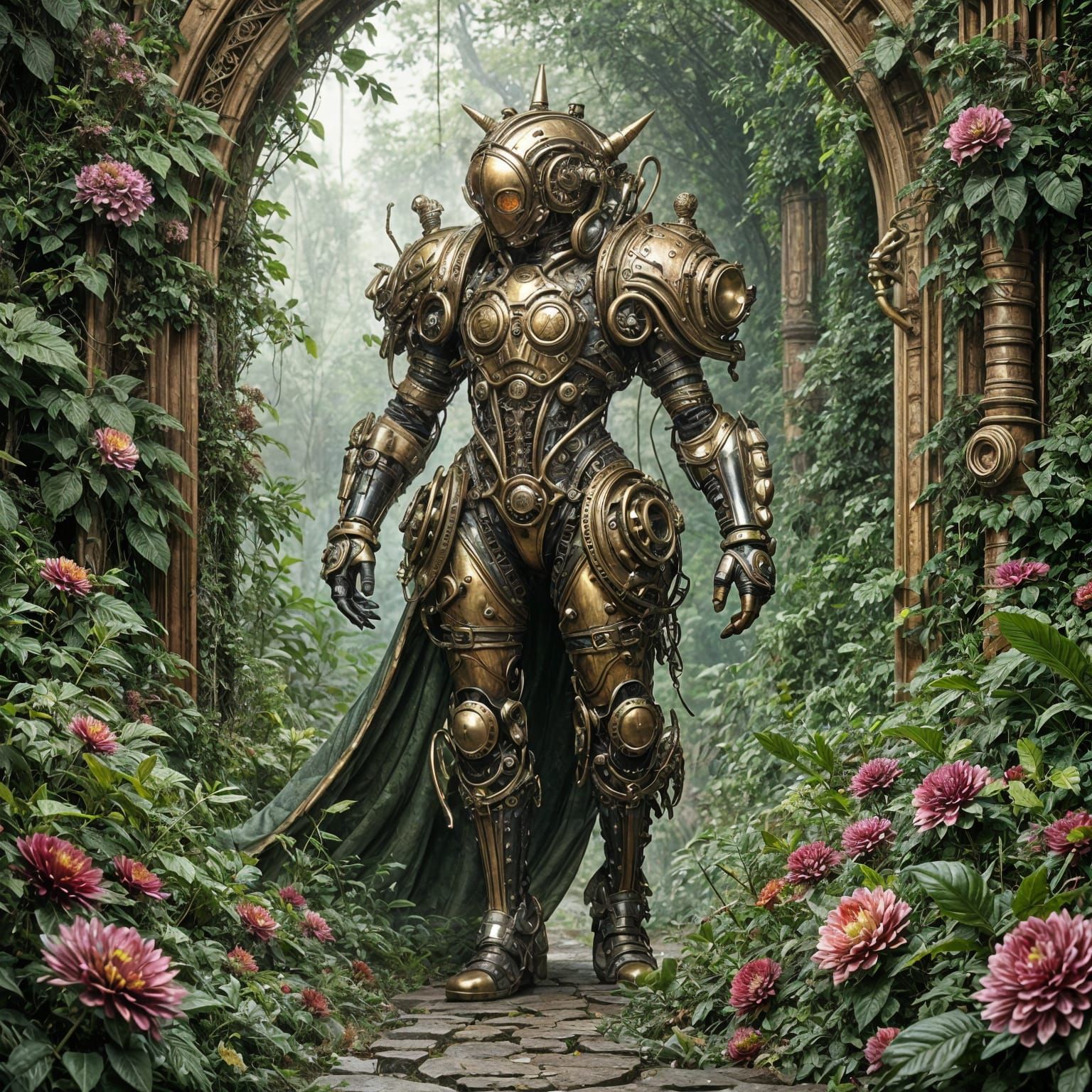 Steampunk Android in Overgrown Jungle, Detailed