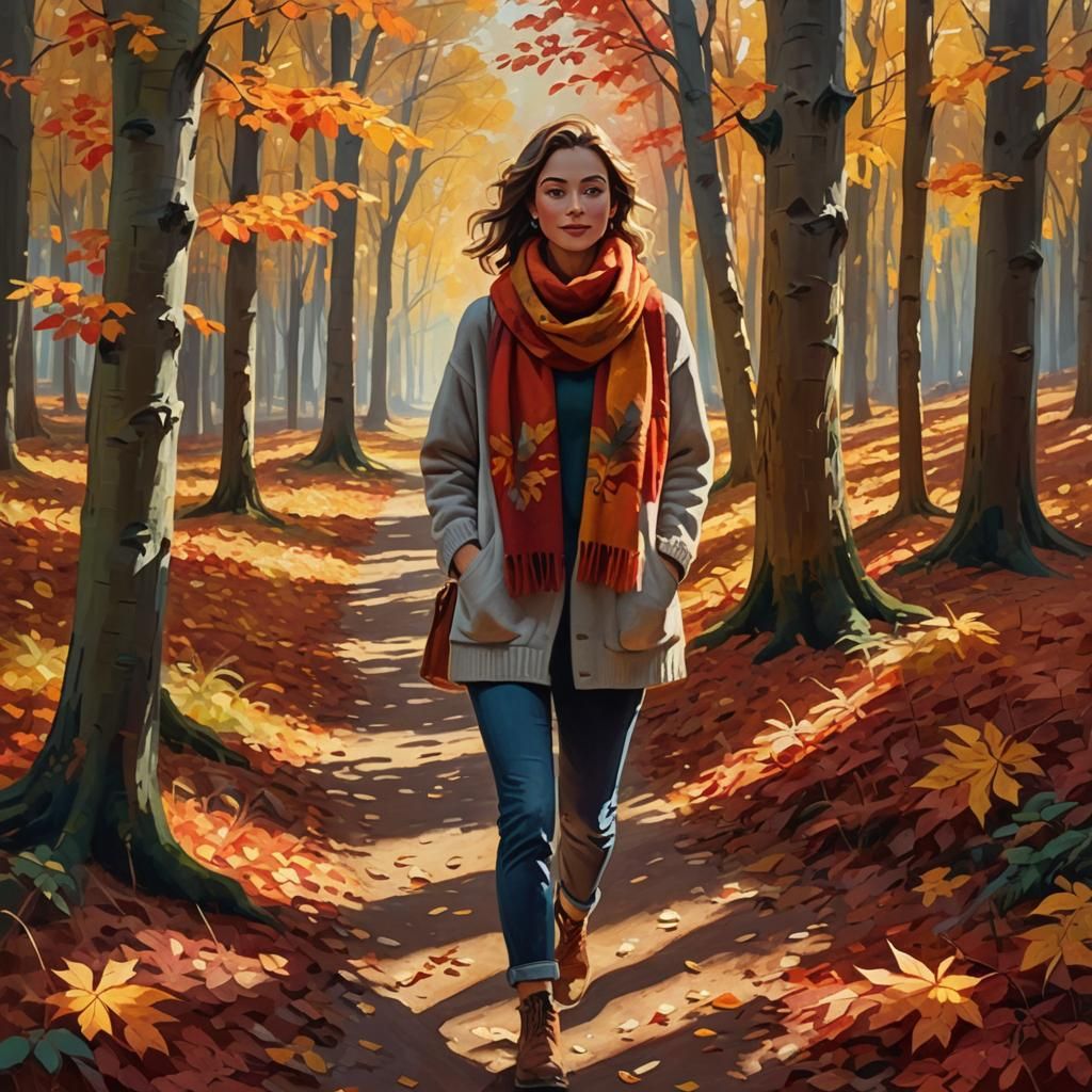 Woman in Autumn Forest Oil Painting