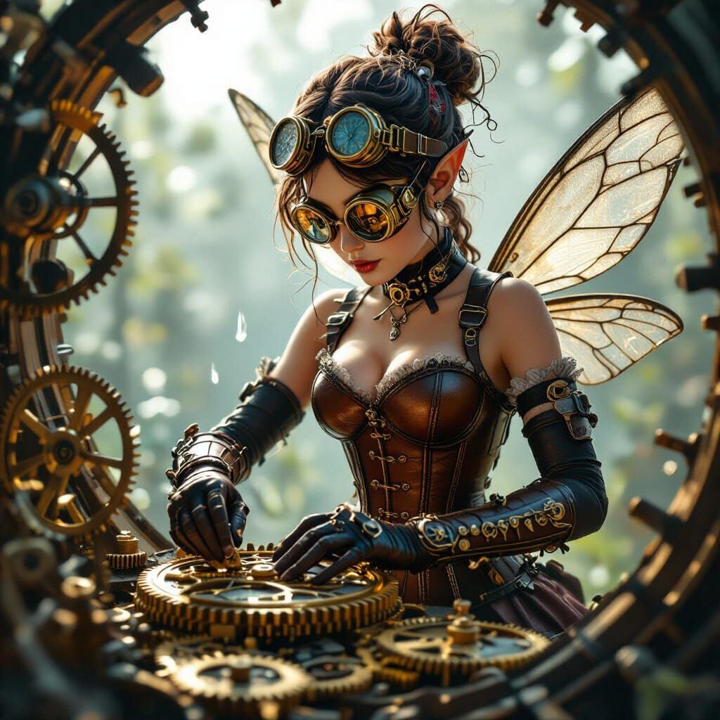 Steampunk Fairy Tinkering Inside Clockwork Mechanism