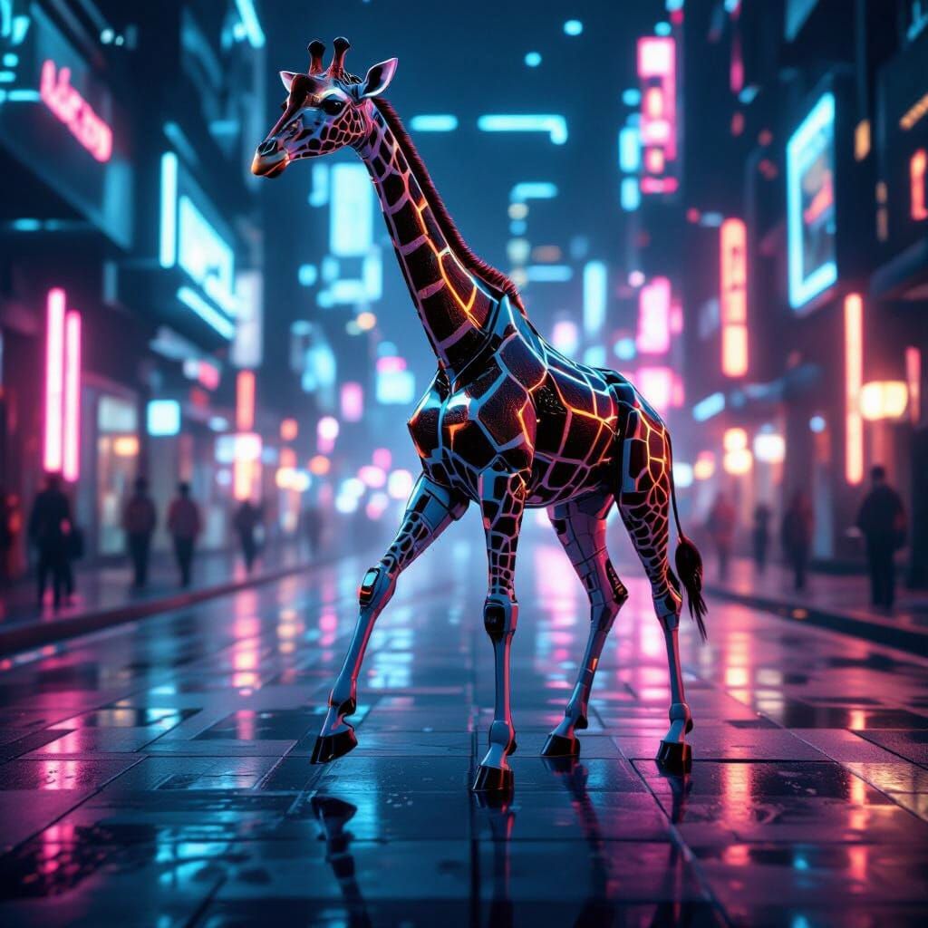 Futuristic Giraffe Robot with Neon Lights