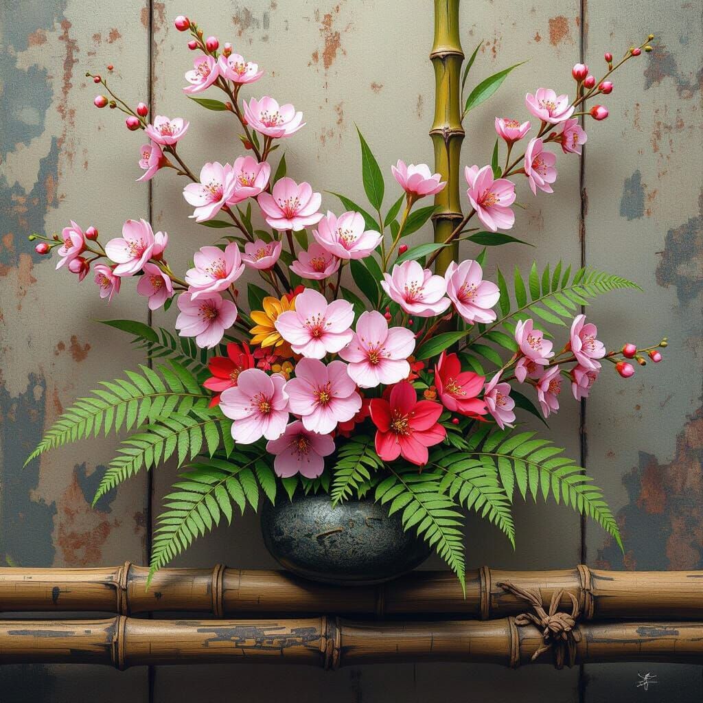 Ikebana Arrangement in Detailed Matte Painting Style