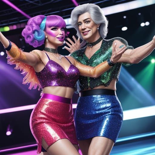 Glamorous Disco Portrait of Dancing Couple in Triadic Colors